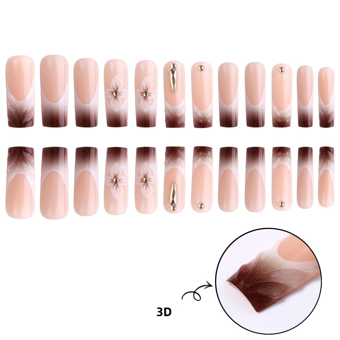 SEENEEY Long Press on Nails Square Fake Nails Brown Artificial Nail 3D Flowers Designs Rhinestones Glitter Stick on Nail for Women 24pcs