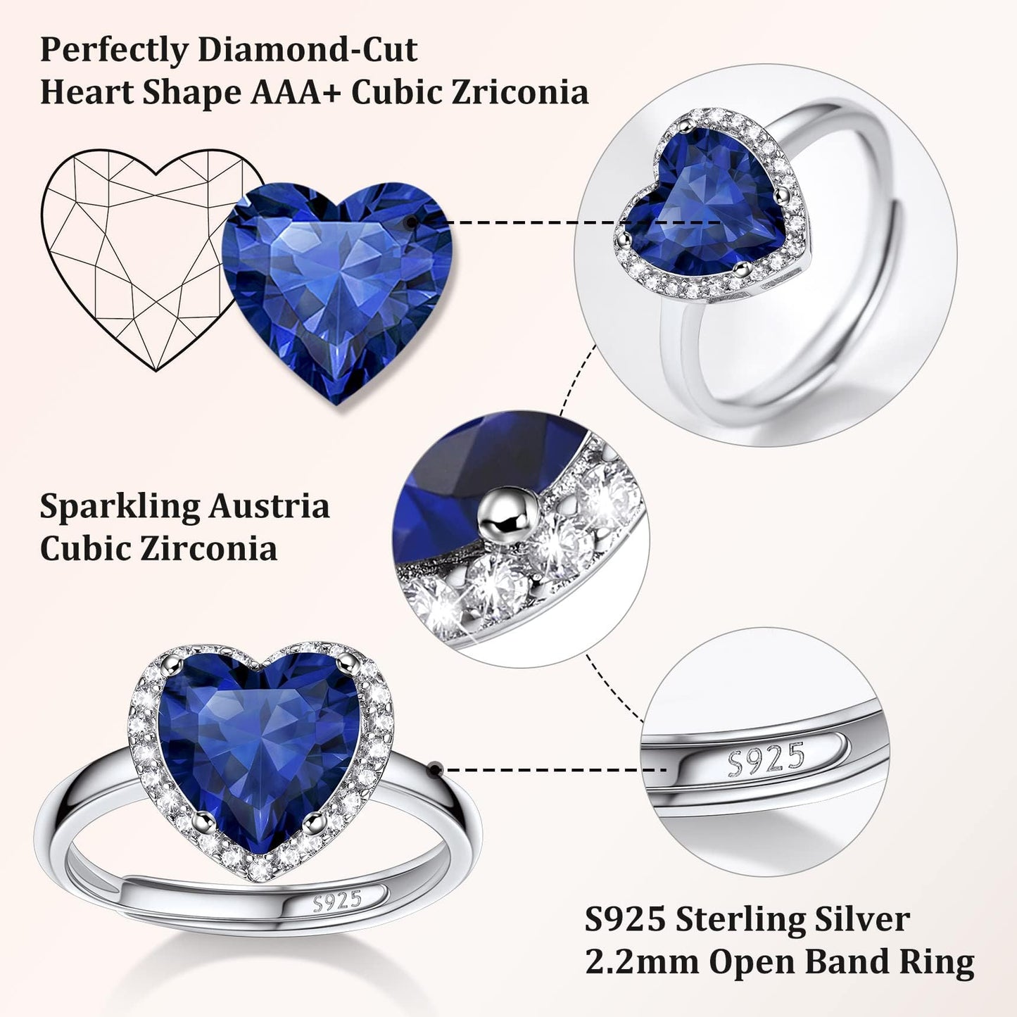 Bestyle Adorable September Sapphire Birthstone Rings 925 Sterling Silver CZ Heart Gemstone Rings Great Birthday Gift for Daughter/Wife/Mom/Grandma