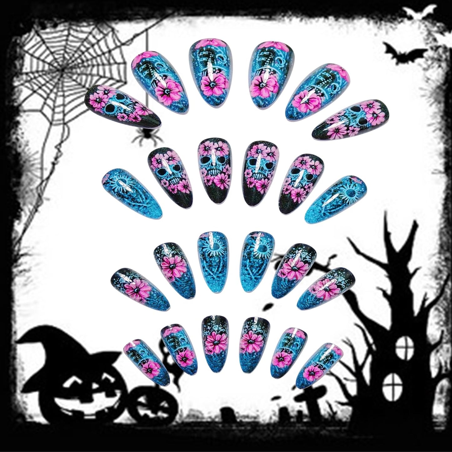CJDLTS 24Pcs Halloween Flower Skull Press on Nails Medium Pink Floral Skull Pattern Design Halloween Nail Full Cover Glossy Artificial Acrylic False Nail French Almond Medium Glue on Nails for Women