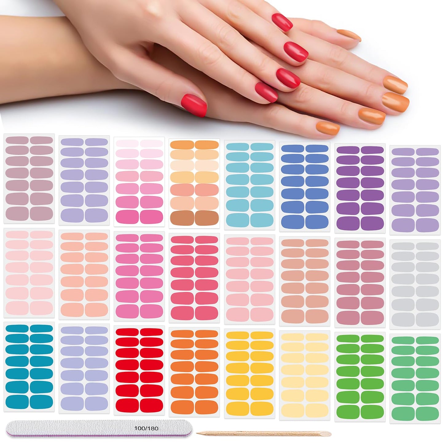 DANNEASY 24 Sheets Polish Stickers Full Wraps for Women Bright Candy Color Fingernails Self Adhesive Strips Gel Nail Strips With File, Cuticle Stick