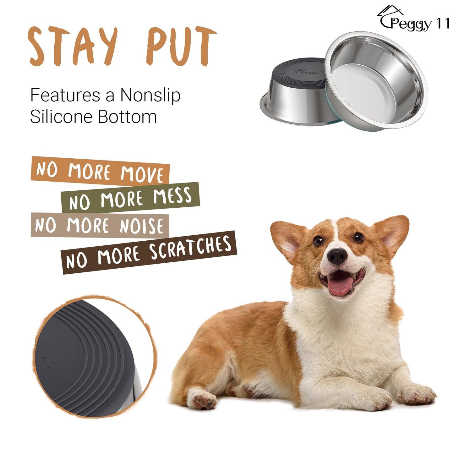 PEGGY11 Deep Stainless Steel Anti-Slip Dog Bowls - 2-Pack, 3 Cups