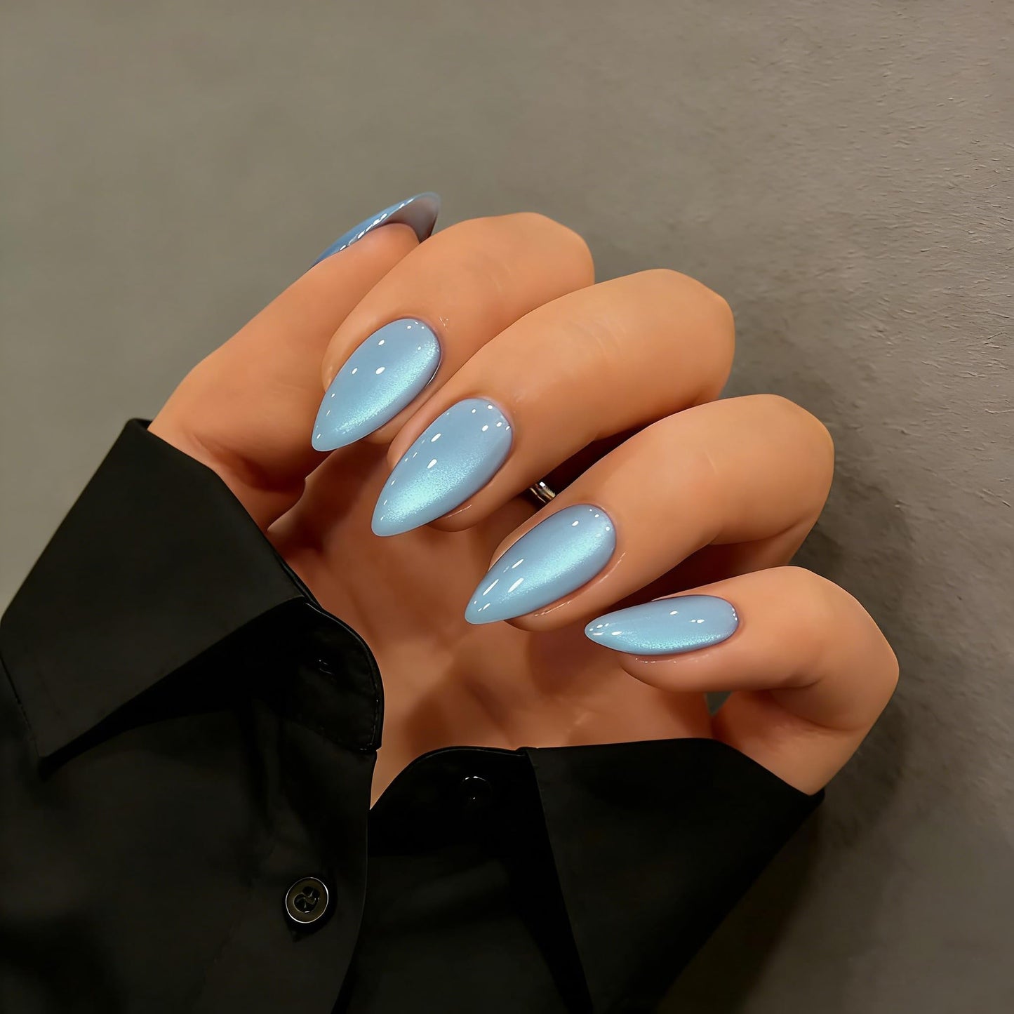 KQueenest Cat Eye Press On Nails Almond - Light Blue Press On Nails Medium Stiletto, 30 Pcs 15 Sizes Glitter Fake Nails Press ons, Upgrade Thick Quality, Reusable Reflective Glue on Nail for Women