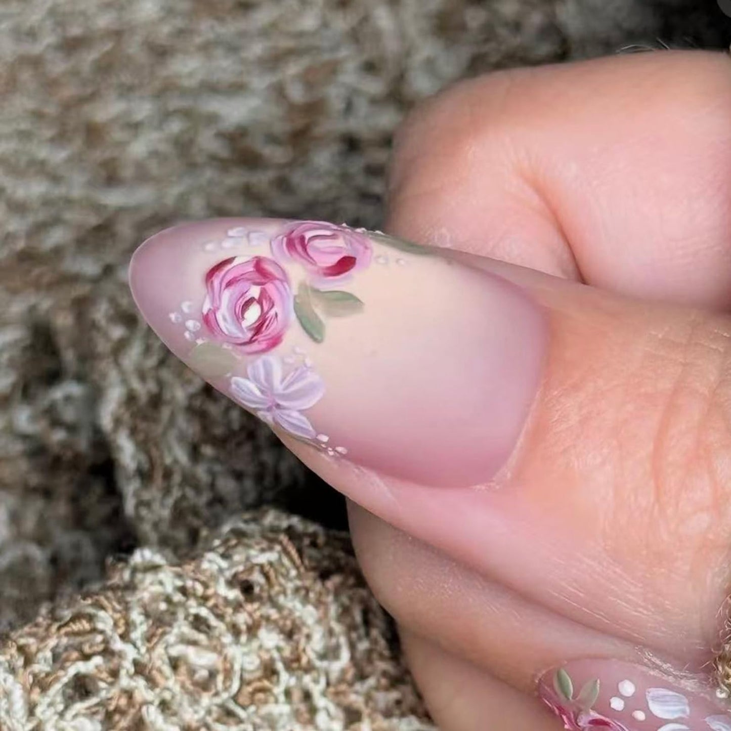 Spring Summer Press on Nails Almond Medium Fake Nails with Designs Pink Purple Flower Stick on Nail Matte Acrylic False Nail Cute Artificial Nail Full Cover Glue on Nails for Women 24Pcs