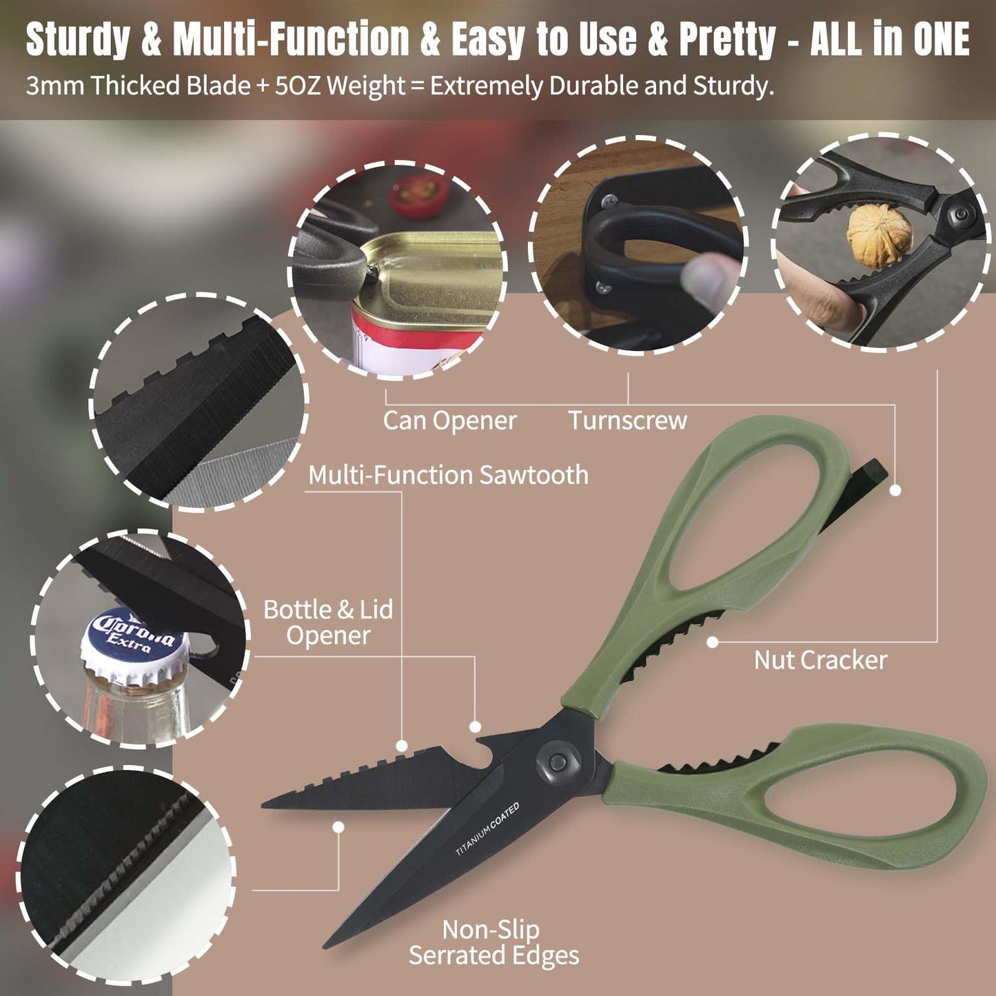 SADOMAIN Kitchen Scissors All Purpose, Extra Sharp Kitchen Shears with Knife Sharpener & Sheath, Solid & Durable Stainless Steel Scissors with ANTI-RUST Black Titanium Plated, Dishwasher Safe - Green