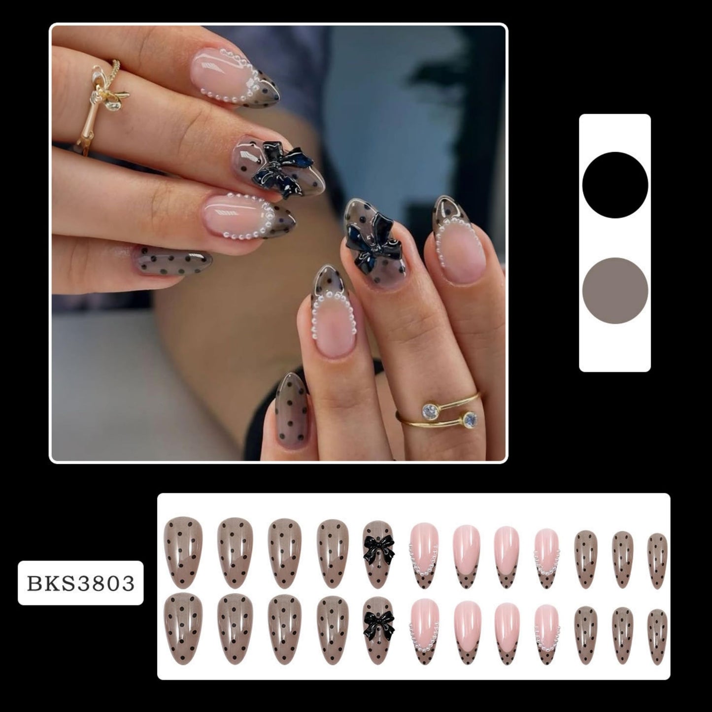 octoswave Press on Nails Medium Almond Fake Nails Cute French Artificial Nail with Bow and Pearl Charm Stick on Nail for Women 24pcs