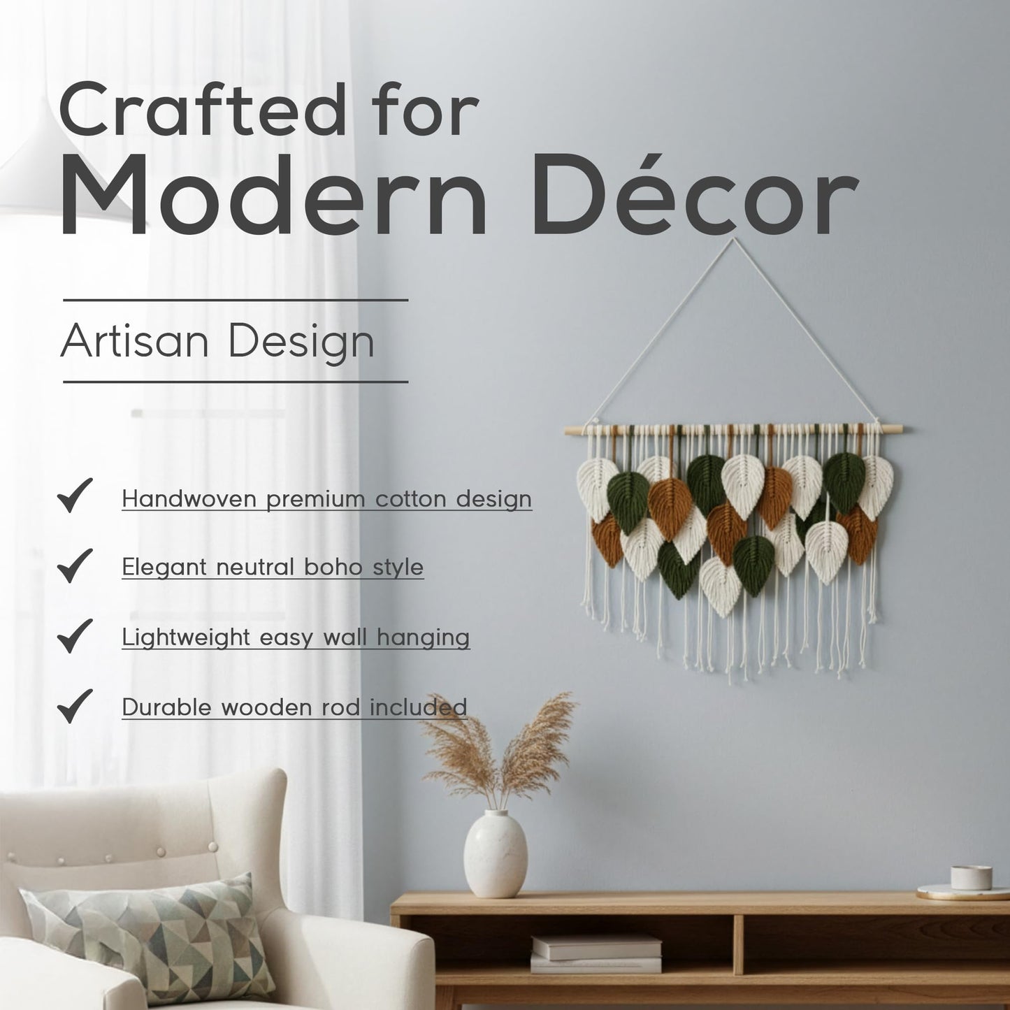 Large Macrame Wall Hanging Decor – Handmade Cotton Cord Boho Room Decor for Bedroom, Nursery, Office – 39” W x 29.5” L (Green, Brown, White)