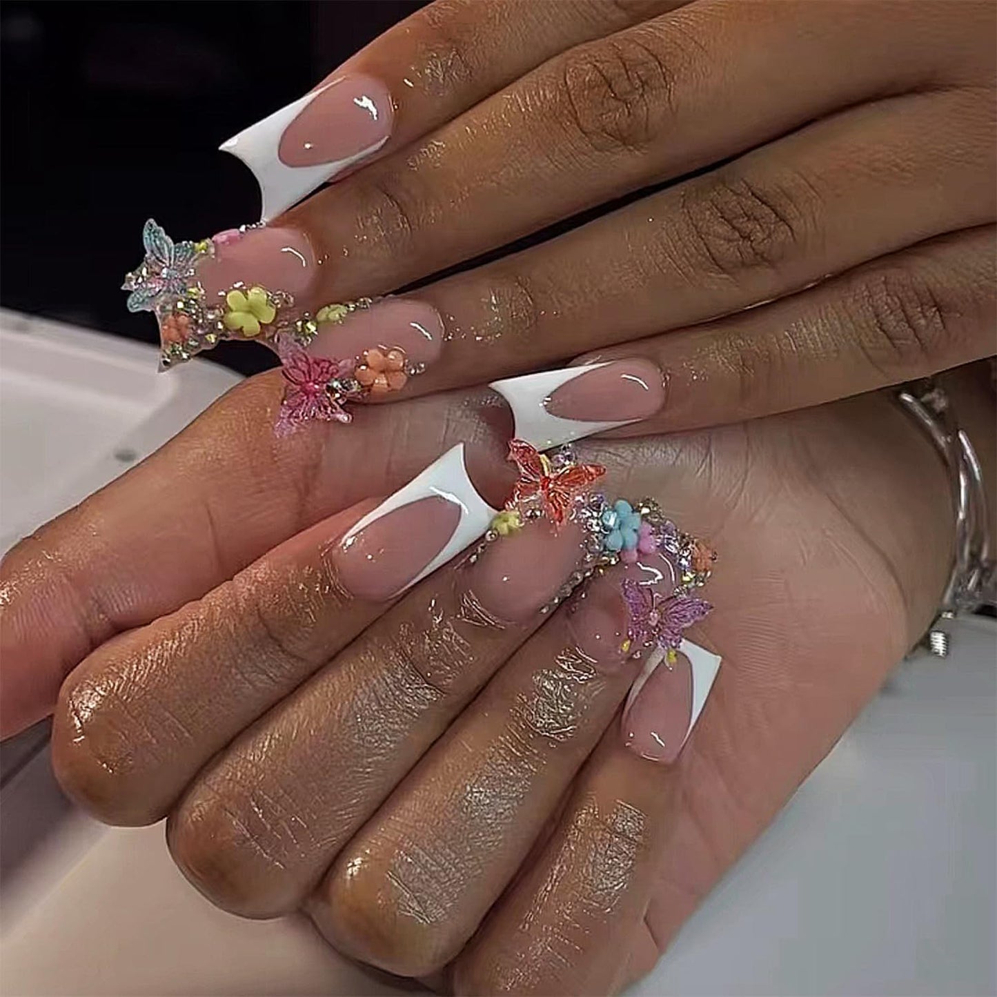 Duck Press on Nails Medium Fake Nails with Butterfly Rhinestones Designs White French Tip False Nails Press ons Spring Summer Flower Stick on Nails for Women Salon Quality Manicure Set