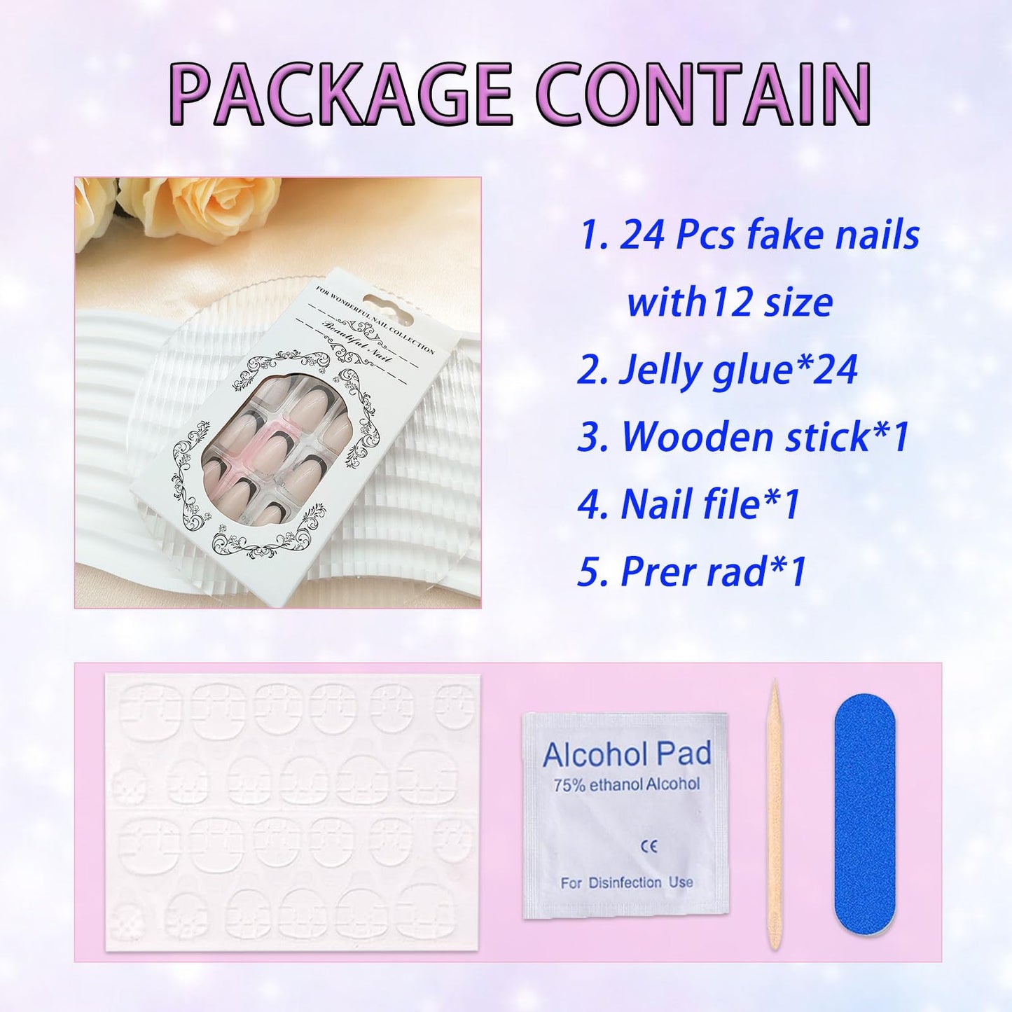 Black French Tip Press on Nails Short Medium Fake Nails Nude Full Cover Glue on Nails Acrylic Nails Press ons Square Stick on Nails for Women Girls Manicure 24 Pcs