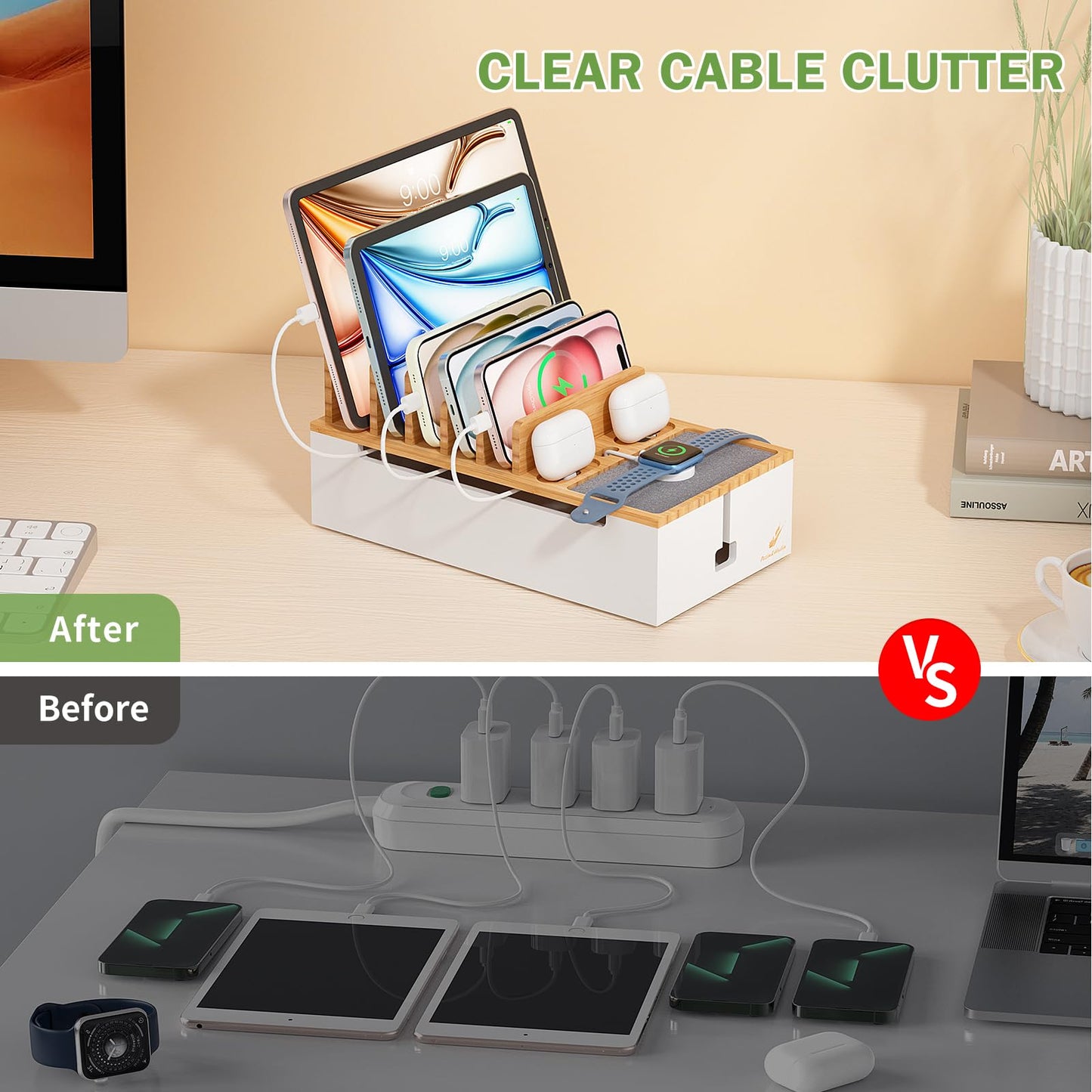 Pezin Hulin Multi Devices Charging Station, with USB Power Adapter HUB, and 6 Wire Cables - Cord Organizer Management, Cell Phone Charger Dock Stand, Desktop Cord Hider Box - Natural +White