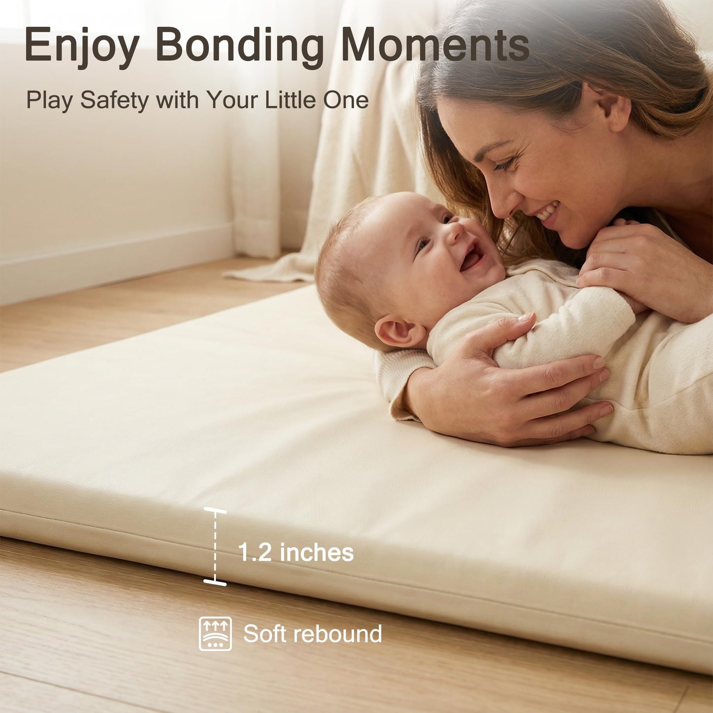 Funyoo Vegan Leather Baby Play Mat, 71x59 Thicken Foam Play Mat for Infants and Toddlers, Padded & Cushioned Playpen Mat for 71x59 Playpens, 1.2" Thick, Cream