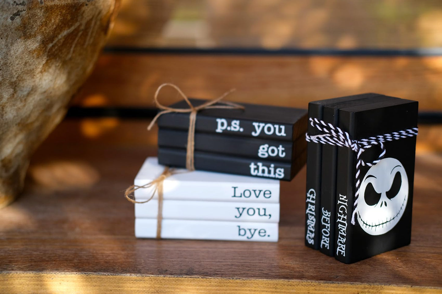 RUKEJUNE Mini Black Halloween Tiered Tray Decor Wood Decorative Book Stack, Rustic Farmhouse Faux Books Bundle for Home Table Mantle Shelf Decoration Nightmare Before Christmas Sign