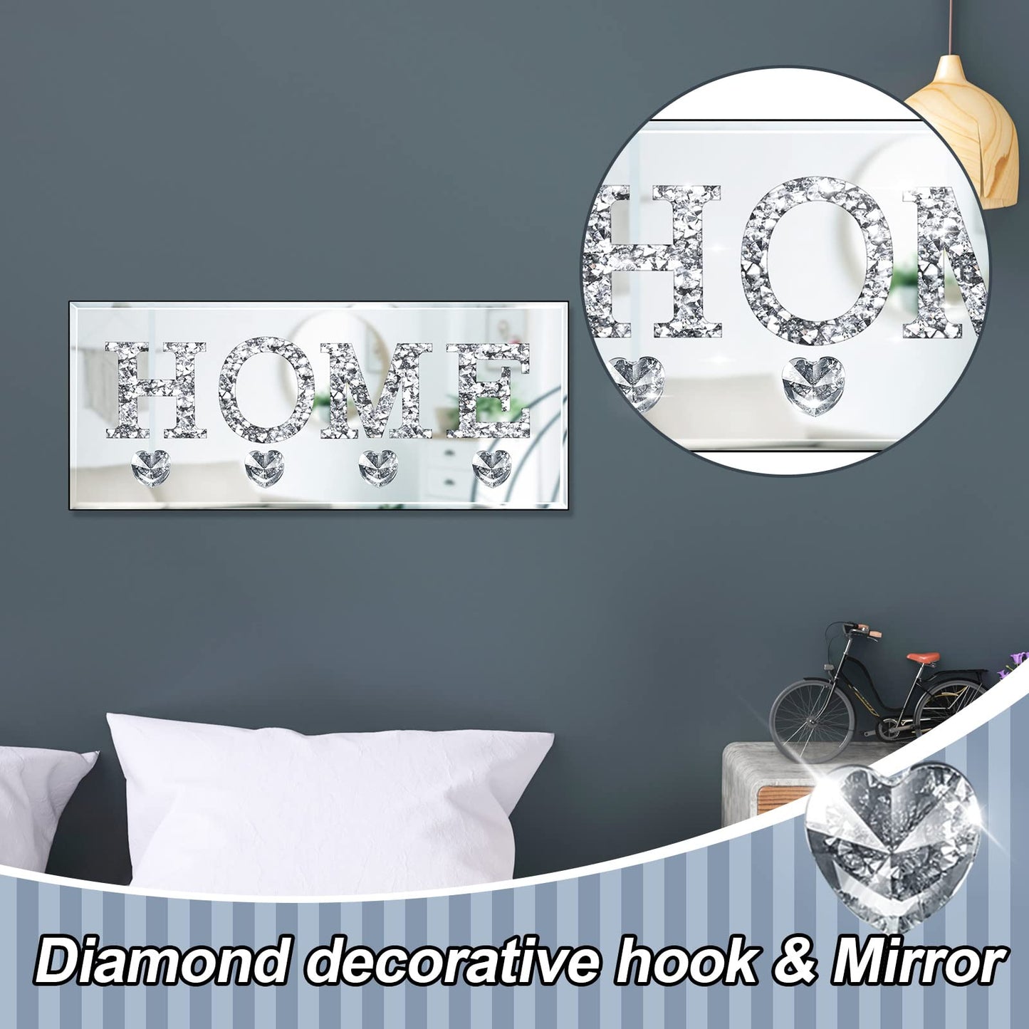 Yalikop Keys Holder on Wall Crush Diamond Mirrored Home Letter Plaque Sign Wall Mounted Clear Heart Shape Hooks Key Hanger Christmas Gift Door Bookshelf Decorative