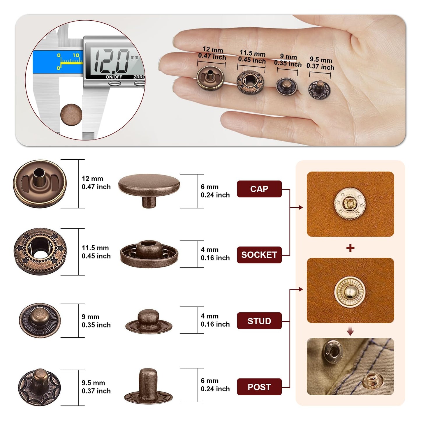 Qfun 120 Set Snap Fasteners Kit for Leather 12mm Metal Button Snaps Press Studs with 4 Setter Tools, 1 Hammer, 4 Color Leather Snaps for Clothes, Jackets, Jeans Wears, Bracelets, Bags