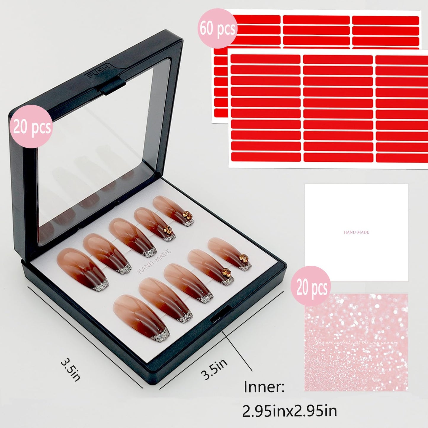 GUXACU Press On Nail Packaging Boxes 3D Floating Press On Nail Storage Box Nail Display Box with 60pcs Double Sided Adhesive Nail Display Tape for Nail Tech (Black, 3.5 inch)