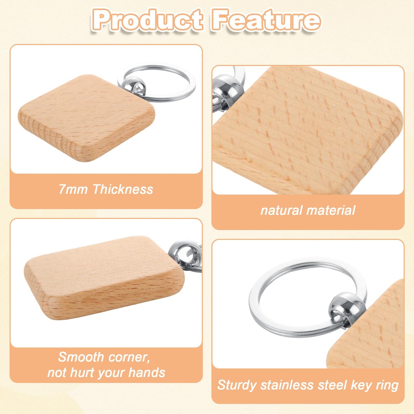 YAYODS 70 Pieces Wood Keychain Blanks, Square Wooden Blanks Bulk with Key Rings, Engraving Wood Keychain Tag for DIY Crafts Gift