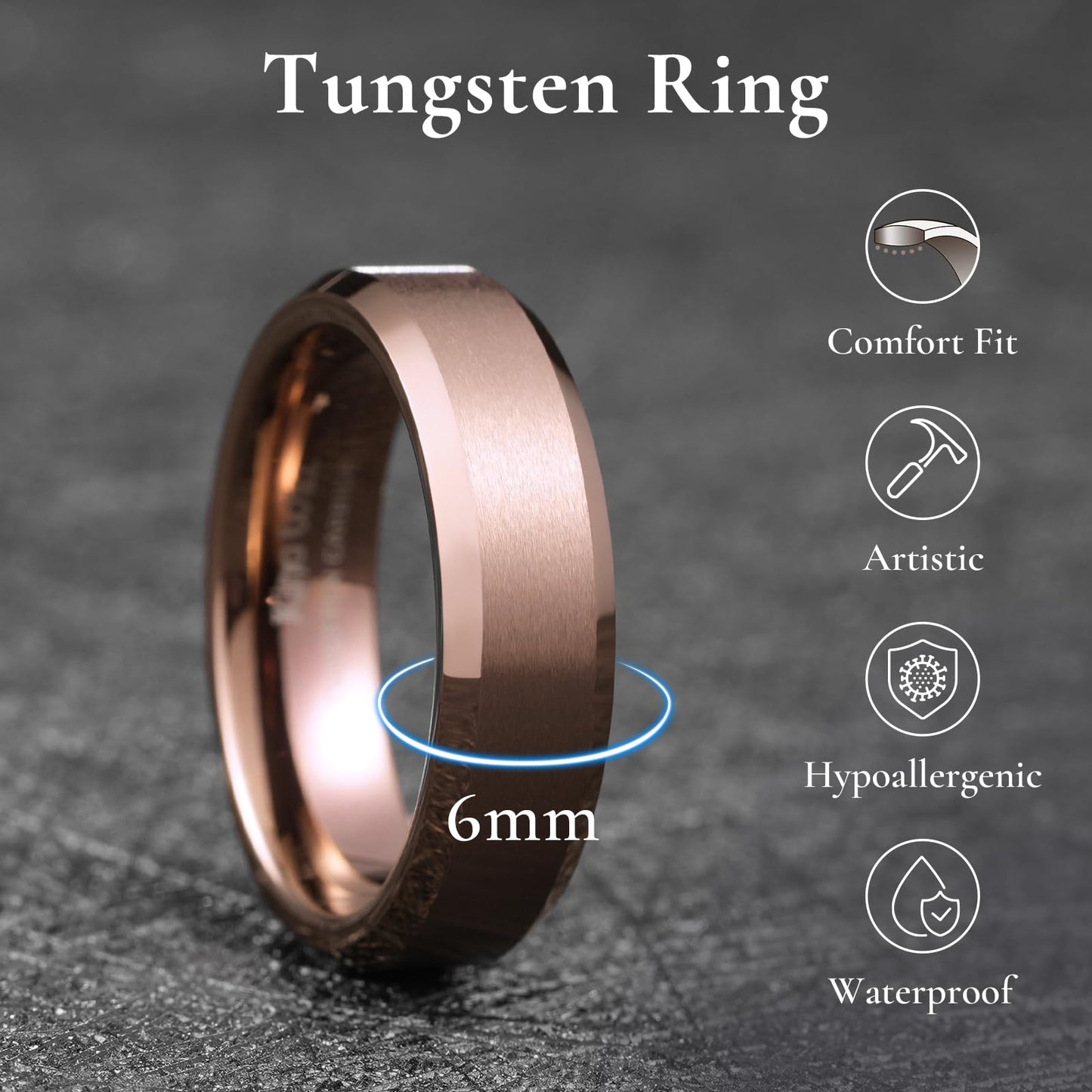 King Will Brown Basic Tungsten Rings For Men 6mm Wedding Band Polished Edge Brushed Matte Promise Ring Comfort Fit, Size 13