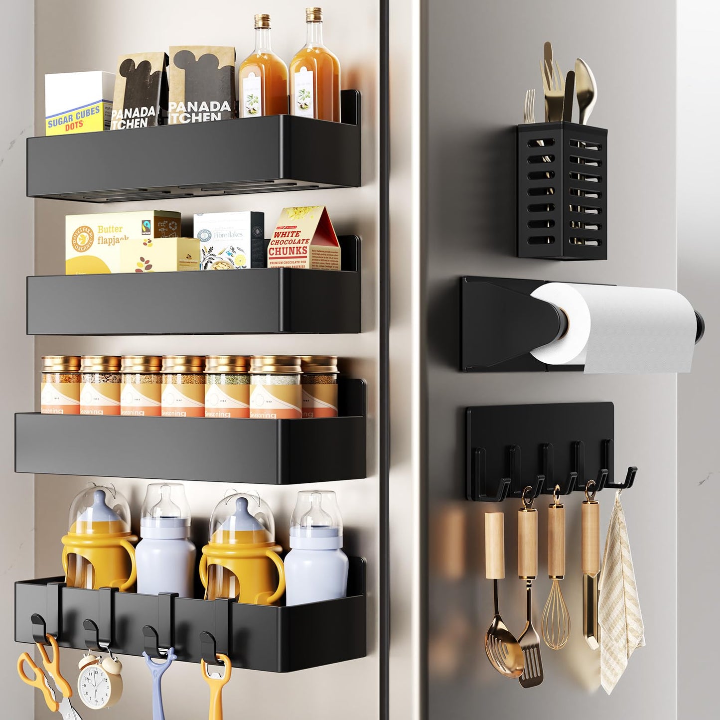 Mystozer Magnetic Spice Rack for Refrigerator,7 Pack Magnetic Shelf,Fridge Magnet Organizer with Paper Towel Holder,Utensils Racks,Hook Rack,Fridge Organizers and Storage Black(7 Pack)