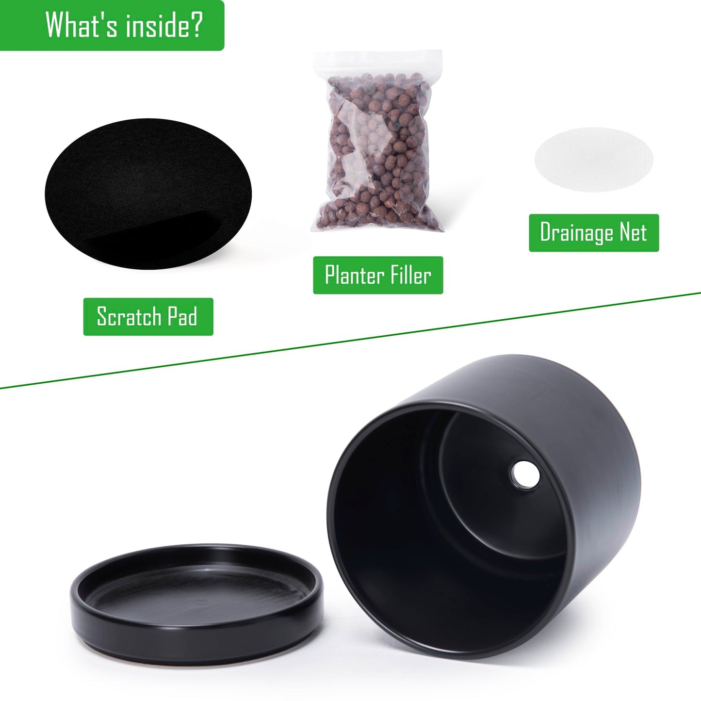 D'vine Dev 4.7 Inch & 6.5 Inch Ceramic Planter Pots for Plants with Drainage Hole and Saucer, Small Plant Pots Set, Black, 94-G-S-2