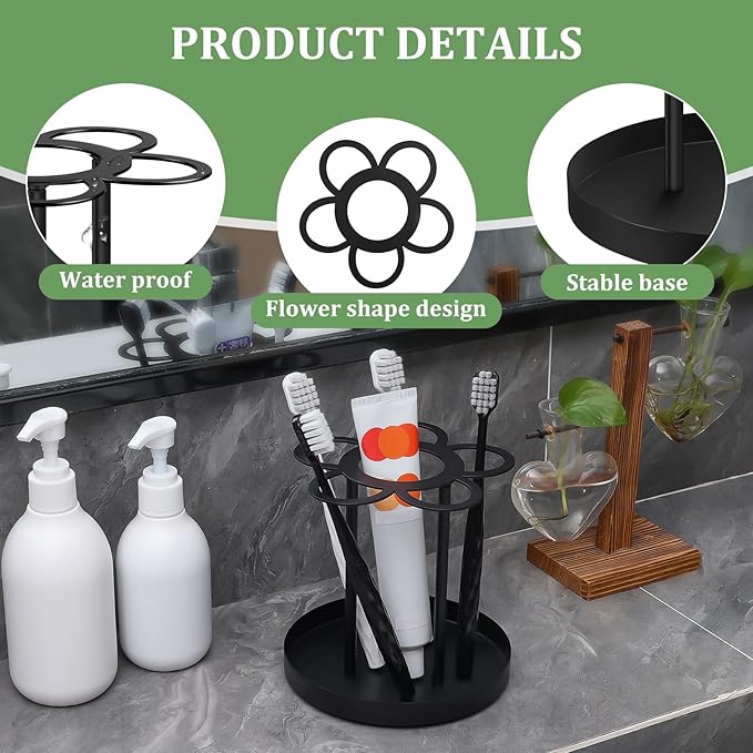 Countertop Toothbrush Holders for Bathroom,Black Toothbrush Holder 5 Brush Slots 1 Toothpaste Slot,Bathroom Countertop Organizer for Family, Kitchen, RV