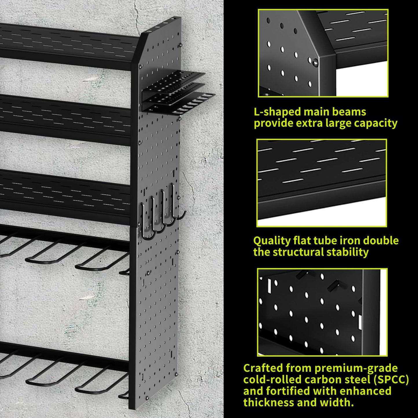 KAFAHOM Power Tool Organizer,Large 8 Drill Holder Wall Mount with 2 Side Pegboards,5 Layer Metal Tool Storage Rack with 12 Hooks,Tool Shelf for Garage Organization,Utility Battery Shelves - Black