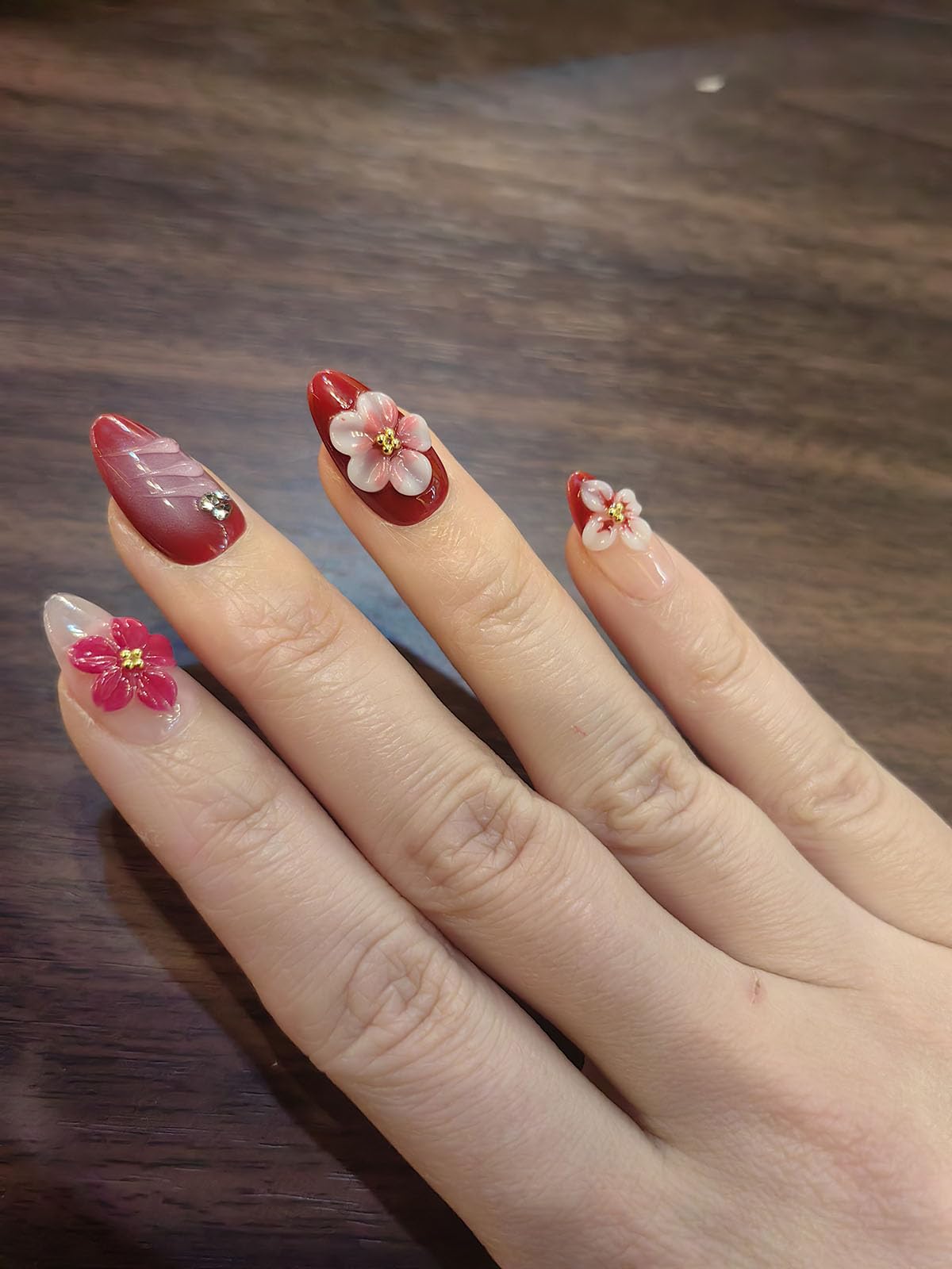 10 short Almond Handmade Press On Nails | 3D Floral Red & Nude Romantic Cherry Blossom Design with Rhinestones,New styles | Skip Salon Trips, Easy to Apply & Remove, Reusable (251108, S)