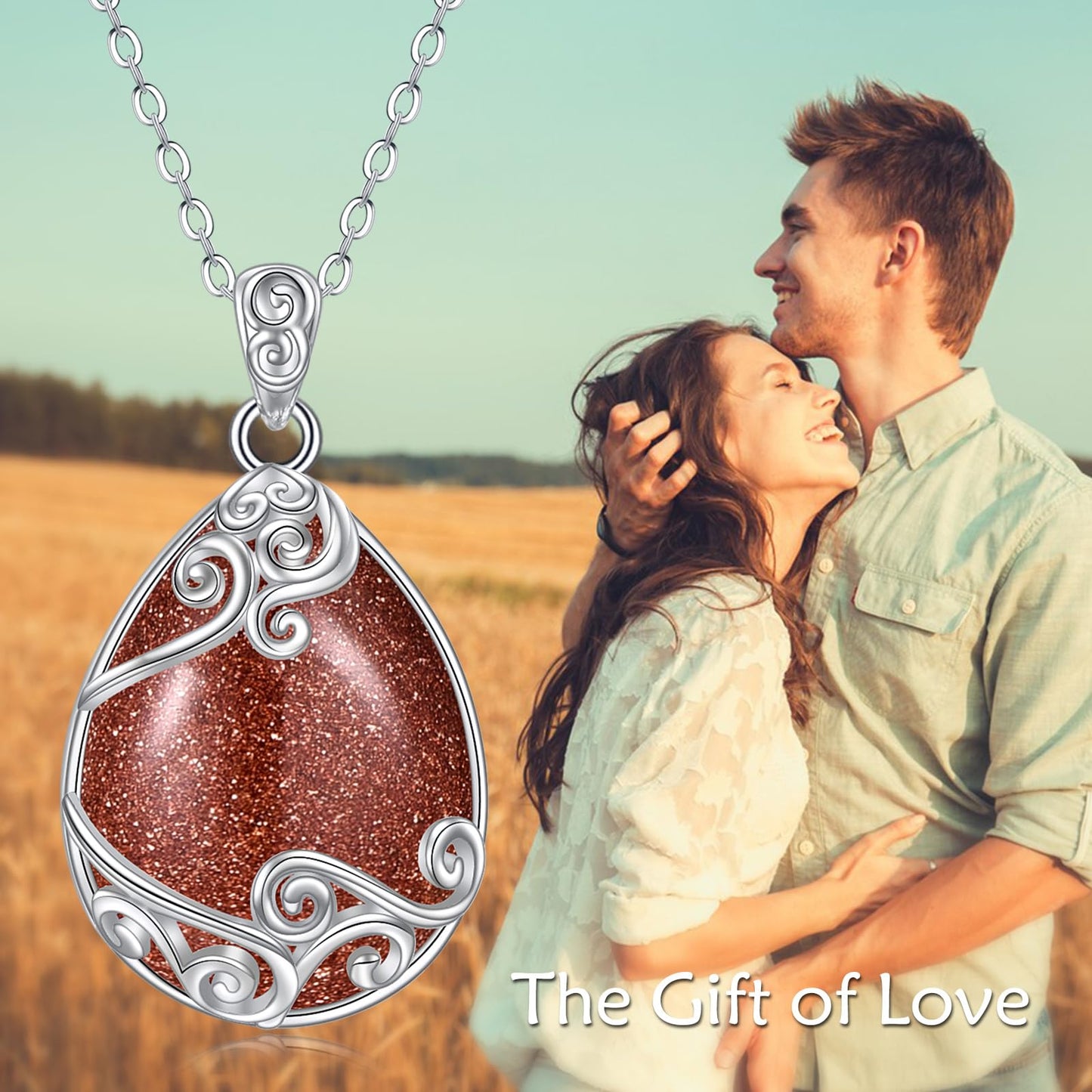 YAFEINI 925 Sterling Silver Gold Sand Stone Filigree Teardrop Necklace for Women