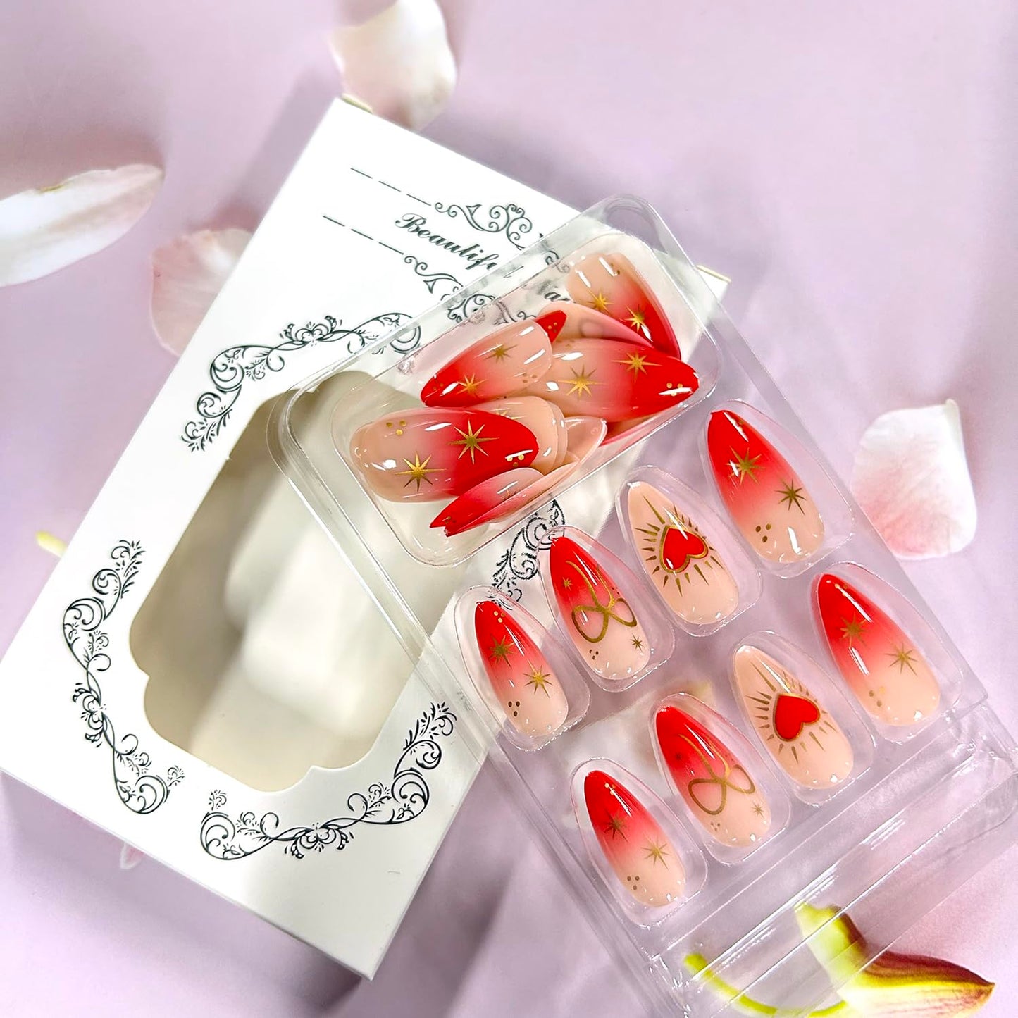 Valentines Press on Nails Medium Artificial Almond Acrylic False Nails Gradient Metal Star Bow Stick on Nail Full Cover Red Love Reusable Coffin Artificial Fingernails for Women Festival Manicure