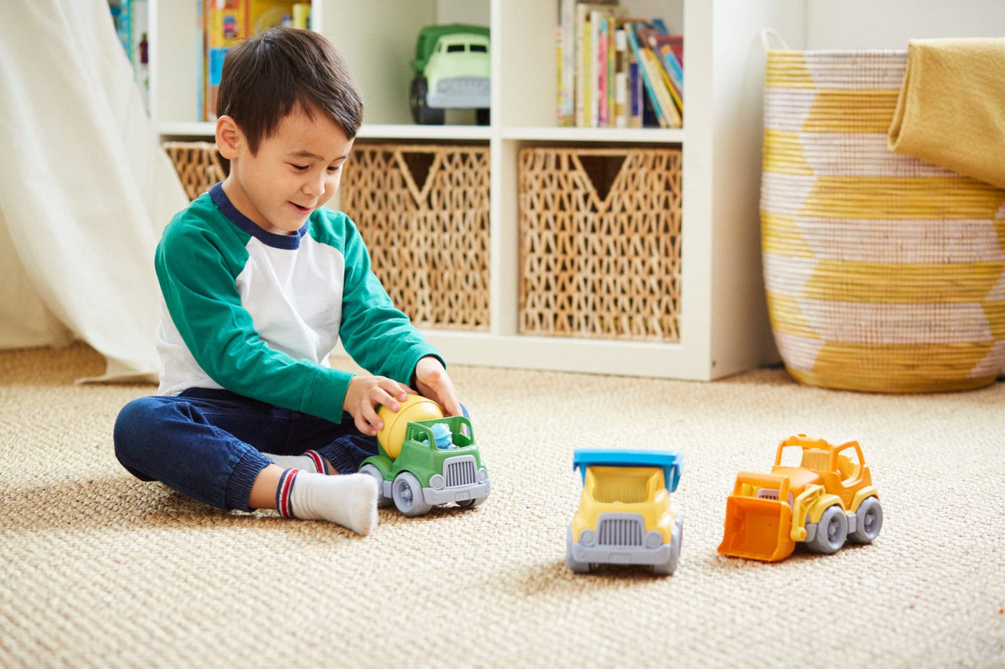Green Toys Construction Vehicle Includes Scooper, Dumper, Mixer, 1 Character- 3 Pack - 4C