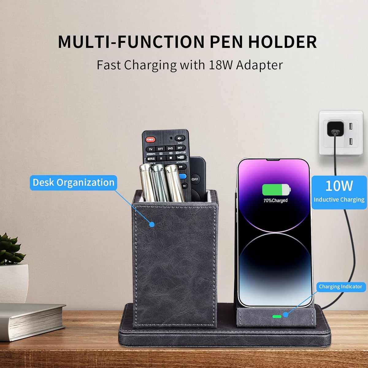 Wireless Charger with Desk Organizer, Wireless Charging Station for iPhone 13/13 Pro Max/13 Pro/12 Series/11/XS Max/XR/X/8Plus/SE 2, Wireless Charging Stand with Leather… (Gray)