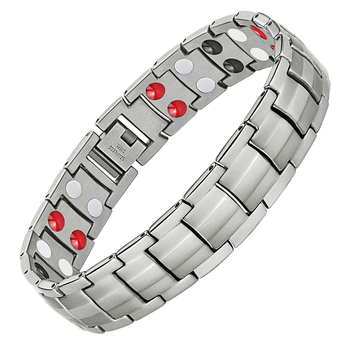 Feraco Mens Magnetic Therapy Bracelets Titanium Steel Bracelet with Double Row 4 Elements Magnets (Silver)