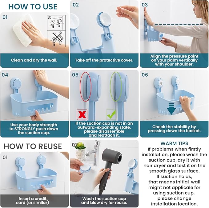 TAILI Shower Caddy Suction Cup 2 Pack, Heavy Duty Bathroom Organizer, Removable Shelves for Inside Shower, Shampoo, Waterproof Suction Plastic Storage for Bathroom Accessories Holder, Blue