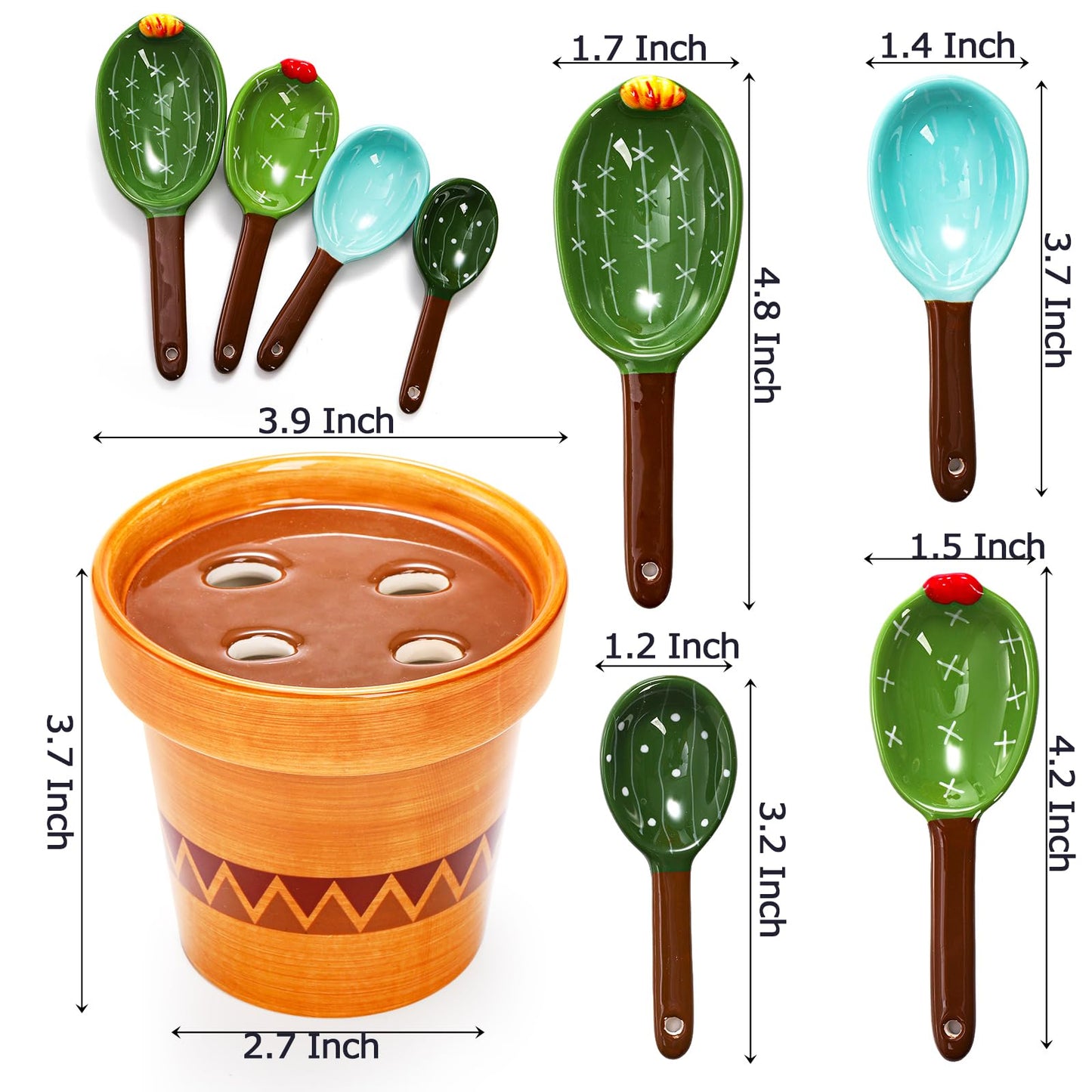 Coloch 5Pcs Ceramic Measuring Spoons in Pot, Cactus Shape Baking Measuring Spoons and Cup Decorative Cactus Figurine Measuring Spoon Set for Baking, Milk, Sugar, Salt