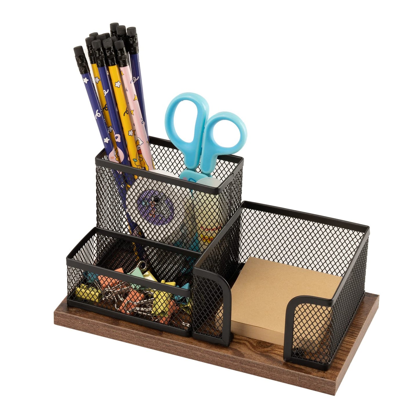 ASIFMTHOT Antique Wood & Mesh Pen Holder Office Supplies Caddy, Storage Baskets for Desktop Accessorieswith Sticky Notes Holder,3 Compartments(2 Pack Black)