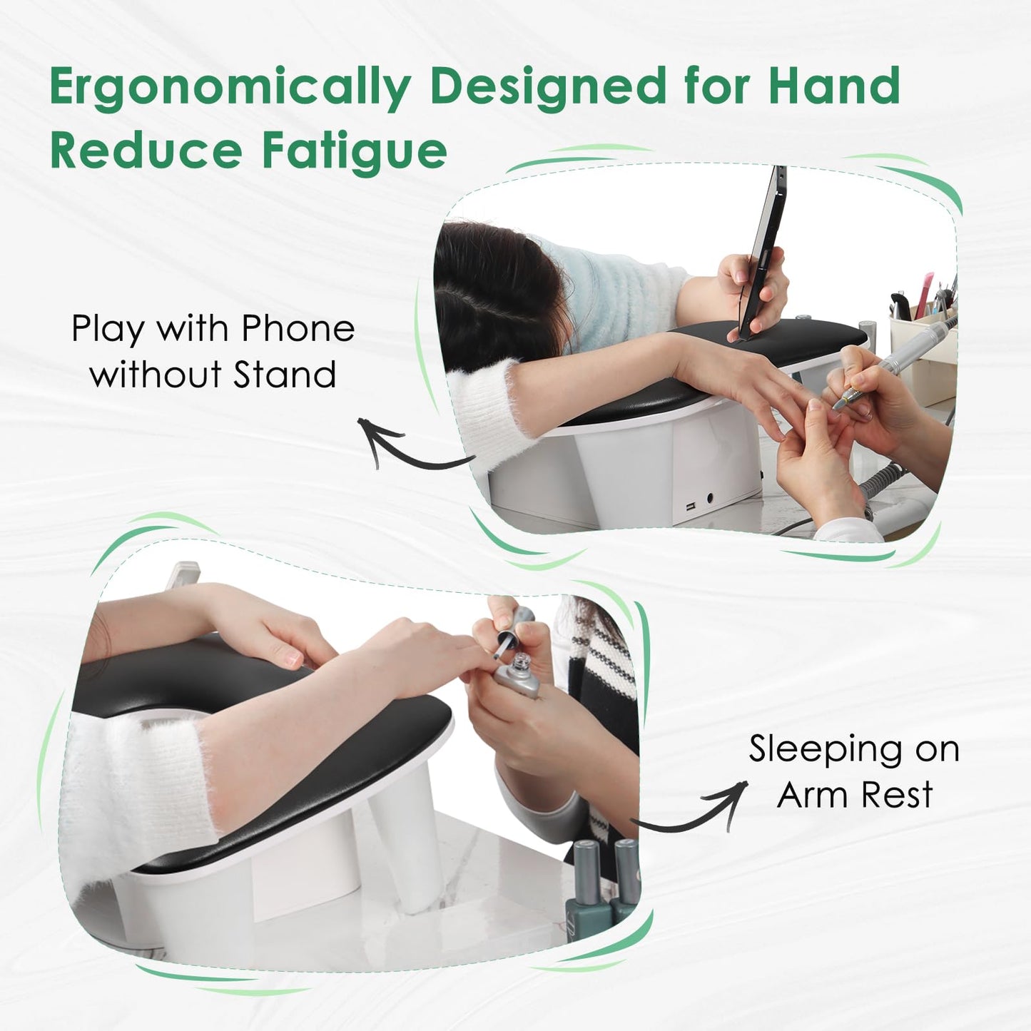 LIONVISON Arm Rest for Nails Tech U Shaped - Comfortable Manicure Nail Hand Rest Pillow Cushion, PU Leather Nail Armrest Stand for Acrylic Nail Art Tech, Quick Installation, Black