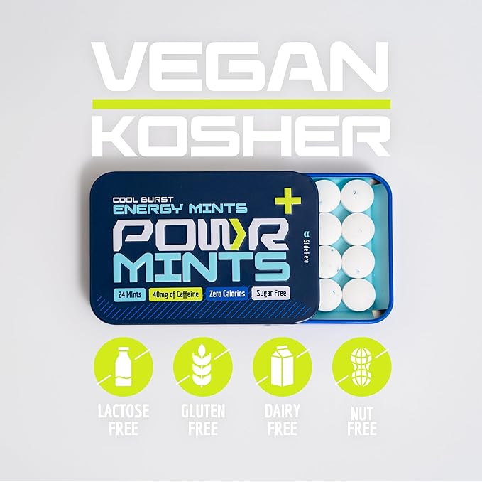 POWR Energy Mints - Pack of 4 Tins of 24 Mints(96 Total), 40mg of Caffeine Per Mint, Sugar Free, Zero Calories, No Aspartame - Pre-Workout, Cycling, Running, Endurance - Focus & Energy