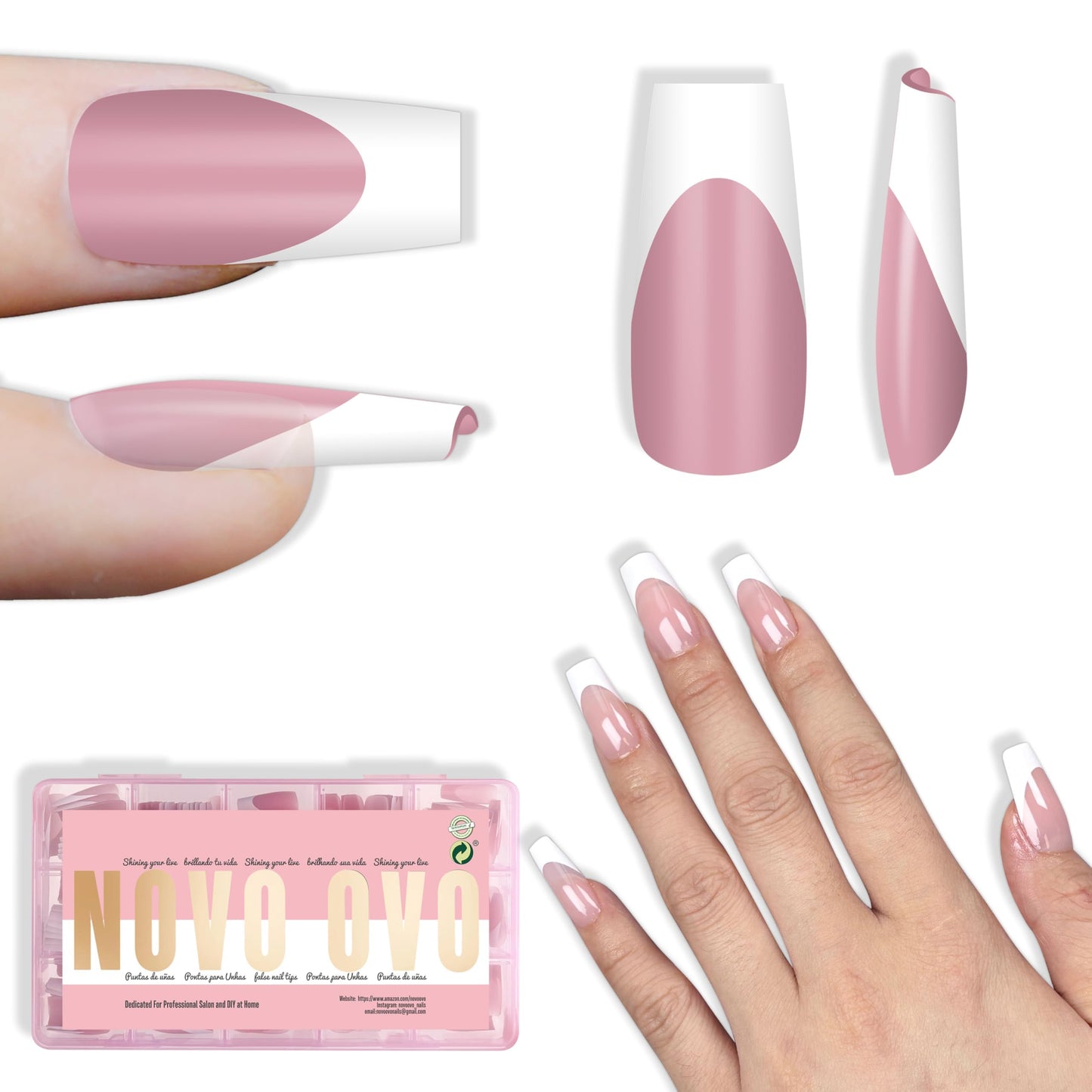 NOVO OVO White French Tip Medium Coffin Nail Tips Press on, BERRY PINK, Extra Thick Soft Gel Fake Nail Acrylic Extension, Need Builder Gel Top Coat, No Glue Included, for Salon DIY 15 Sizes x 240 pcs