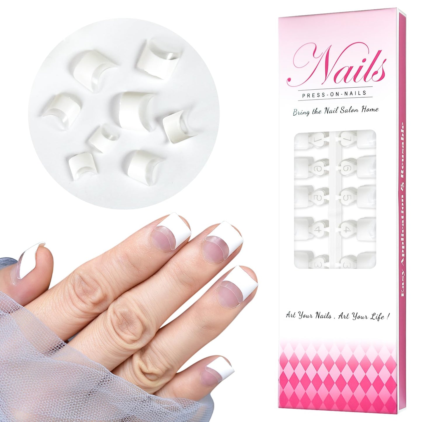 iMABC 120Pcs White French Tip Press on Nails, French Gel Nail Tips, Short Square Half, Fake Nails for Nail Art DIY 5 * 24pcs
