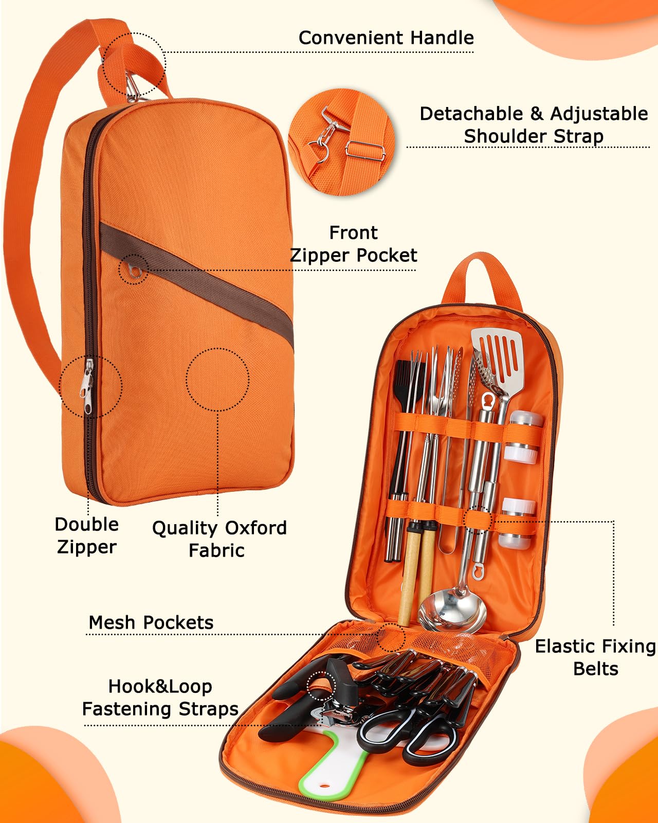 Hozzen 45-Pcs Camping Cooking Utensil Set - Car Camping Essentials Gear for Cooking and Grilling, Portable Camp Kitchen Set, Ideal Gift for RV Tent Camper, Picnics, BBQs, Parties