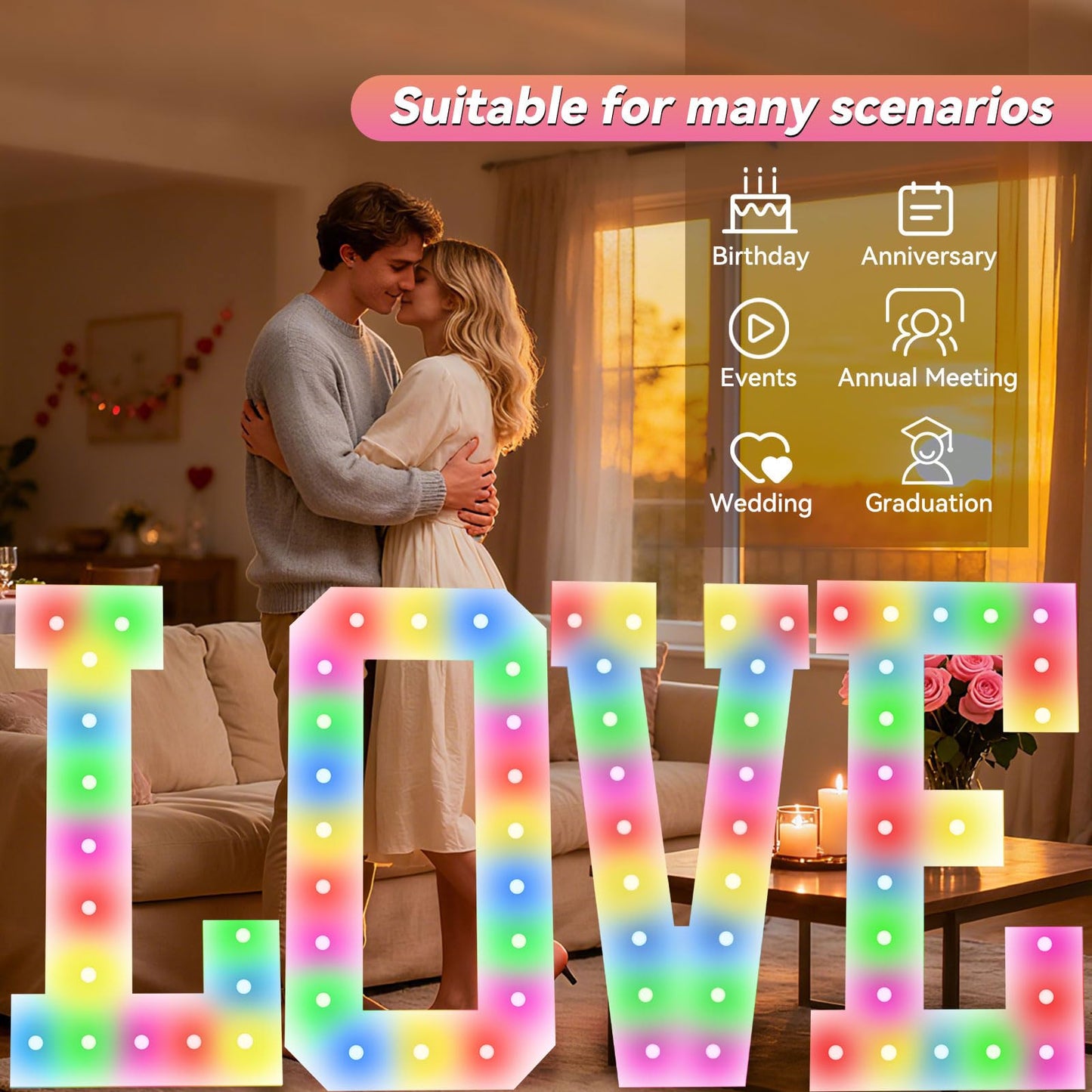 4FT Marquee Light Up Letters, 34 Colors Changing Marquee Letters M with Remote,Weighted Water Bag, Pre-Cut Foam Board Set Can Be Used for Birthday Party Wedding Event Baby Shower