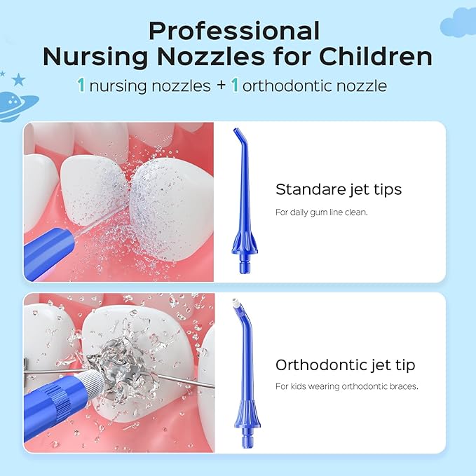 COSLUS Kids Water Dental Flosser Deep Cleaning Picks Portable 4 Modes for Ages 6+ Safe Waterproof Rechargeable with 2 Jet Tips for Gums Care Red Blue