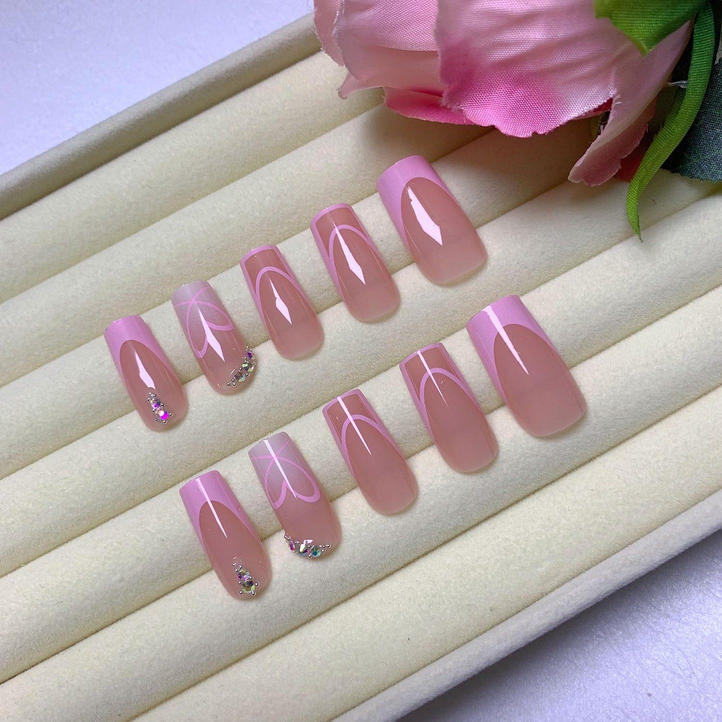 Medium Press on Nails Square Glue on Nail Light Pink French Fake Nails 3D Rhinestones Acrylic Nails Heart False Nails Cute & Reusable Stick on Nail for Women 24 Pcs