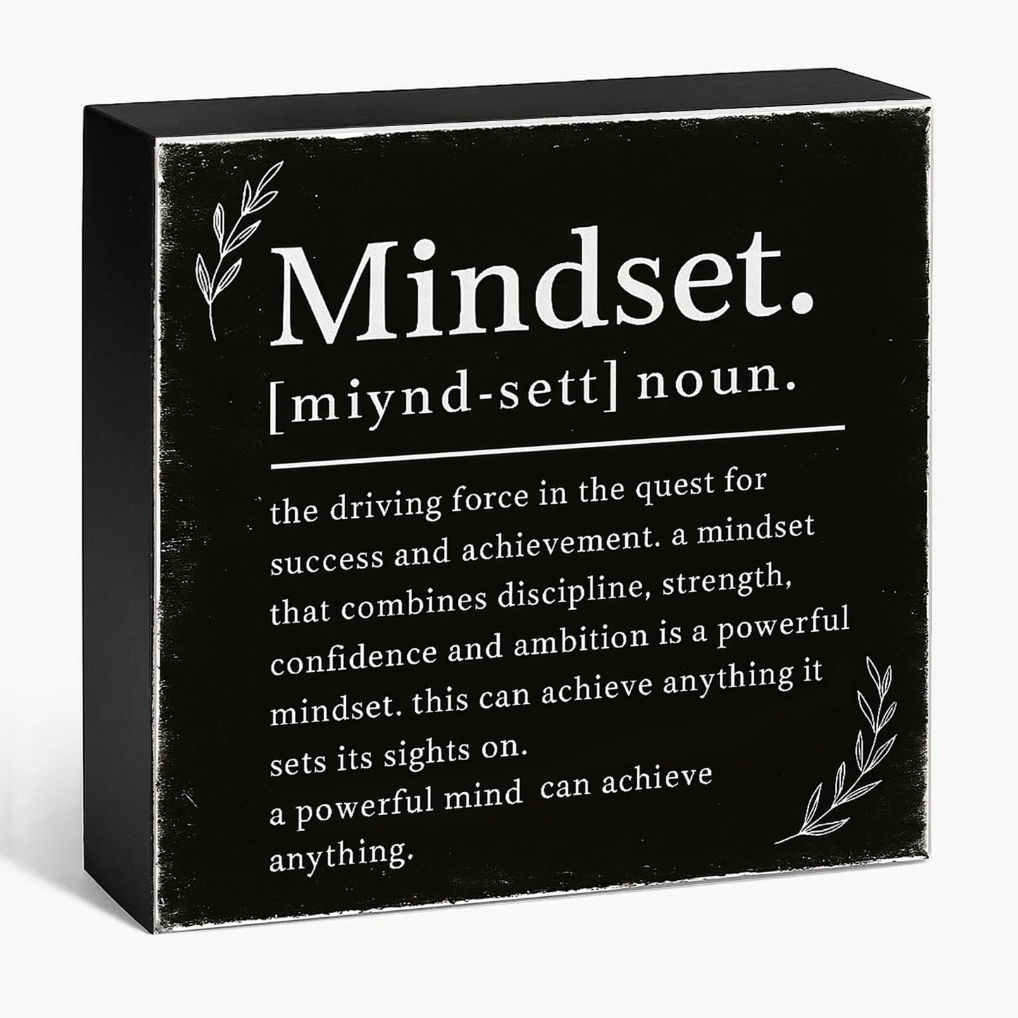 Mindset Definition Wood Box Sign - Inspirational Quote Decor for Desk and Shelf - Motivational Growth Mindset Block for Home Office, 5x5 Inch(Black)