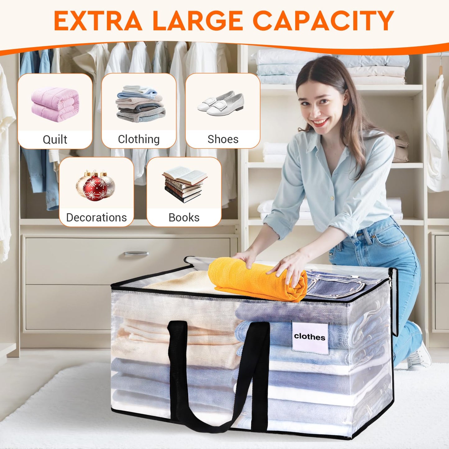 HomeHacks Clear Moving Bags Heavy Duty 2 Pack, Storage Bags with Zipper, Extra Thick Handles & Waterproof Packing Boxes for Moving, Camping, Home Organization 93L/24Gal (28.7"x14.2"x14")
