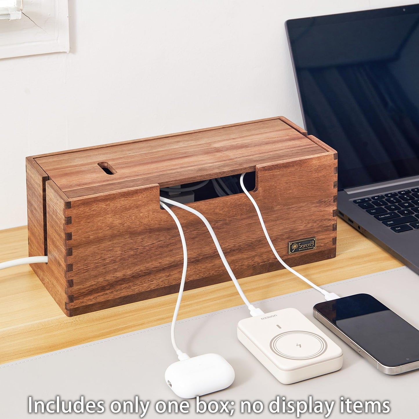 SANOSY Cable Management Box, Acacia Wood Cord Hider Organizer for Power Strips, TV, Desk & Floor Wires, Under Desk Cable Storage Box for Office & Home