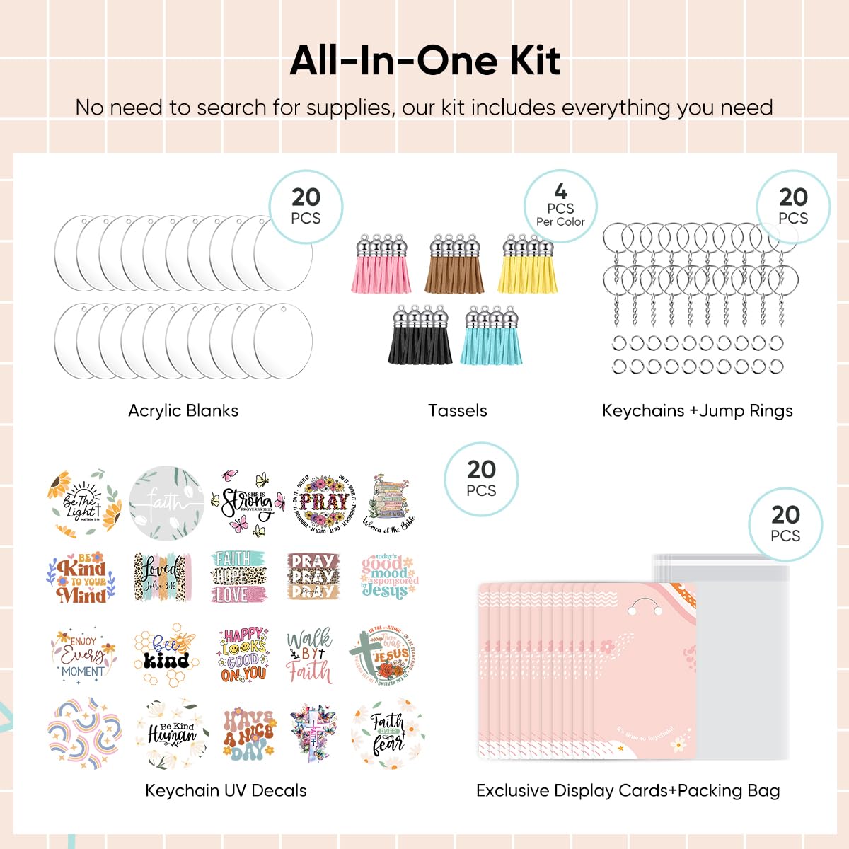 YOPPIX 140 PCS Acrylic Keychain Blank Set, Faith Double-Sided UV DTF Stickers Acrylic Keychain Making Kits for Vinyl DIY Craft Project