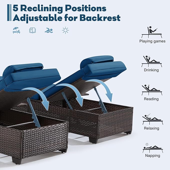 Outdoor Lounge Chairs, Pool Lounge Chairs Set of 2, Outdoor Chaise Lounge with Adjustable Backrest & Cup Holder,Peacock Blue Cushion