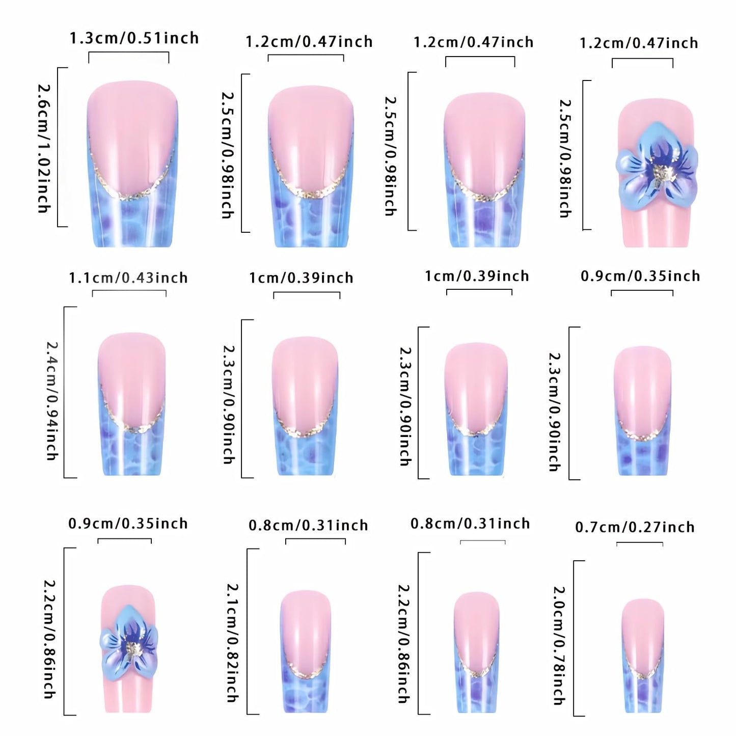 MISUD Press on Nails - Long Square Glue on Nails with Blue French Tip, Acrylic Flower Design 24 pcs