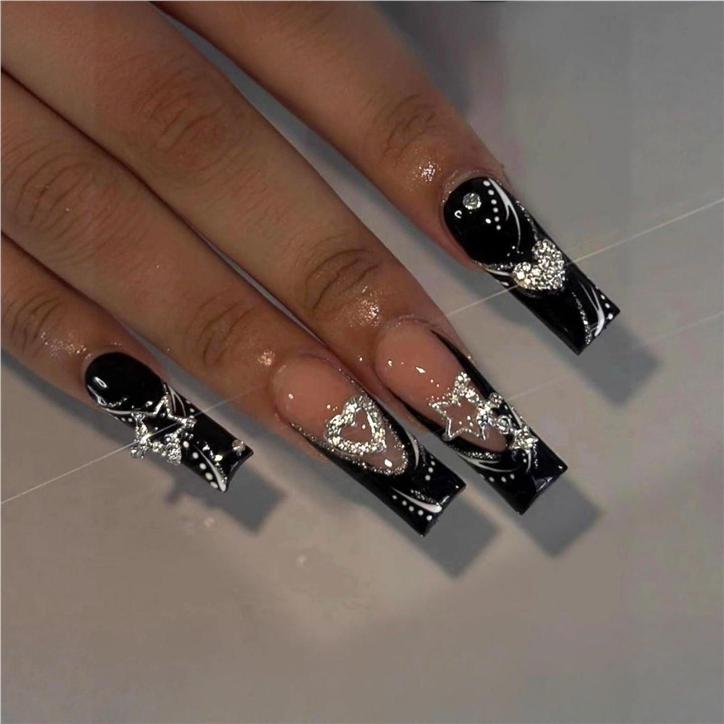 Long Press on Nails Square Fake Nails Black Artificial Nail French Stars and Heart Designs Stick on Nail for Women 24pcs