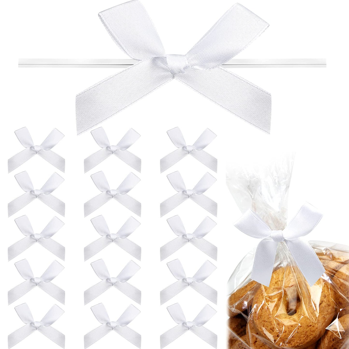 Gejoy 100 Pieces 2.6" Solid White Mini Twist Tie Bows for Gift Wrapping Pretied Satin Ribbon Bows Bags DIY Crafts for Wedding Birthday Graduation Party Favors Gift Candy Treat Cake Pop Decoration