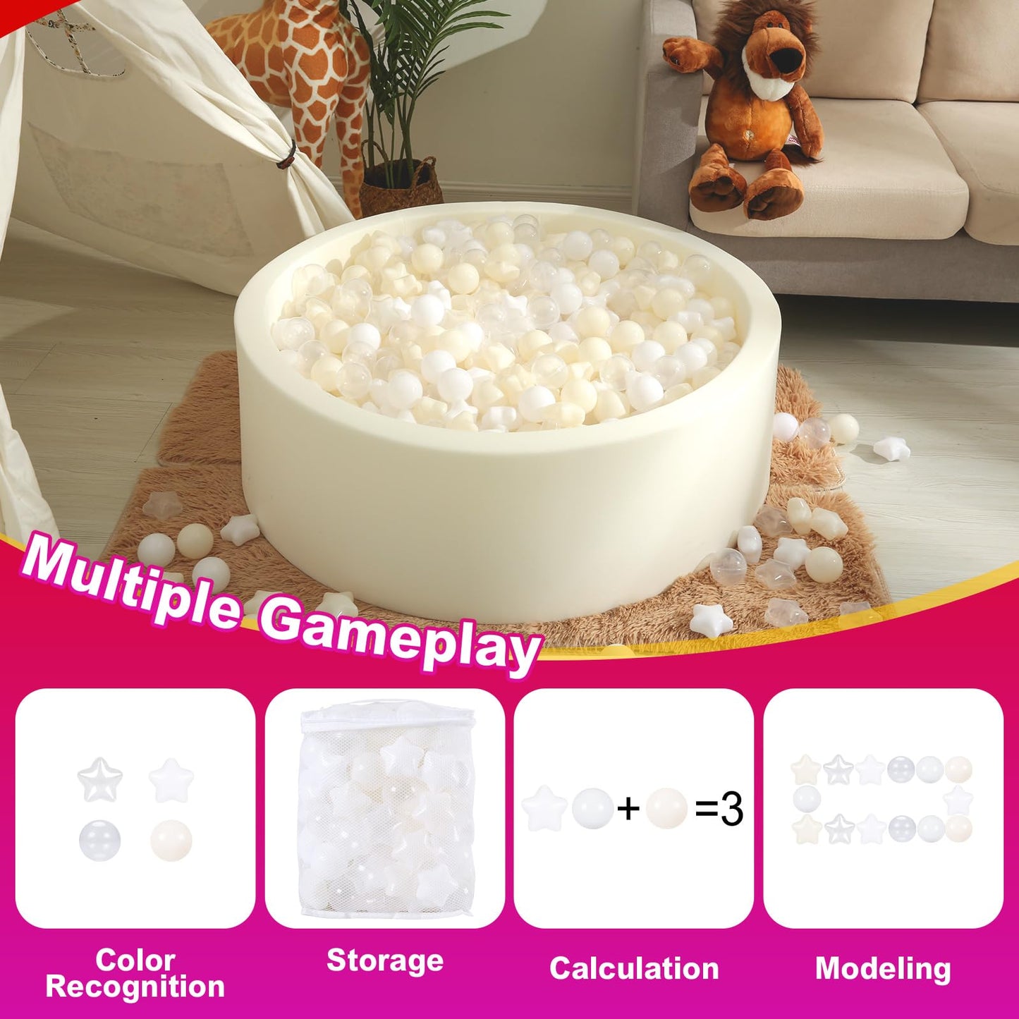 Realhaha Ball Pit Balls 100 PCS, Star Shapes for Babies Kids Playpen Plastic Balls for Babies Ball Pool Puppy Playballs, Beige White Clear